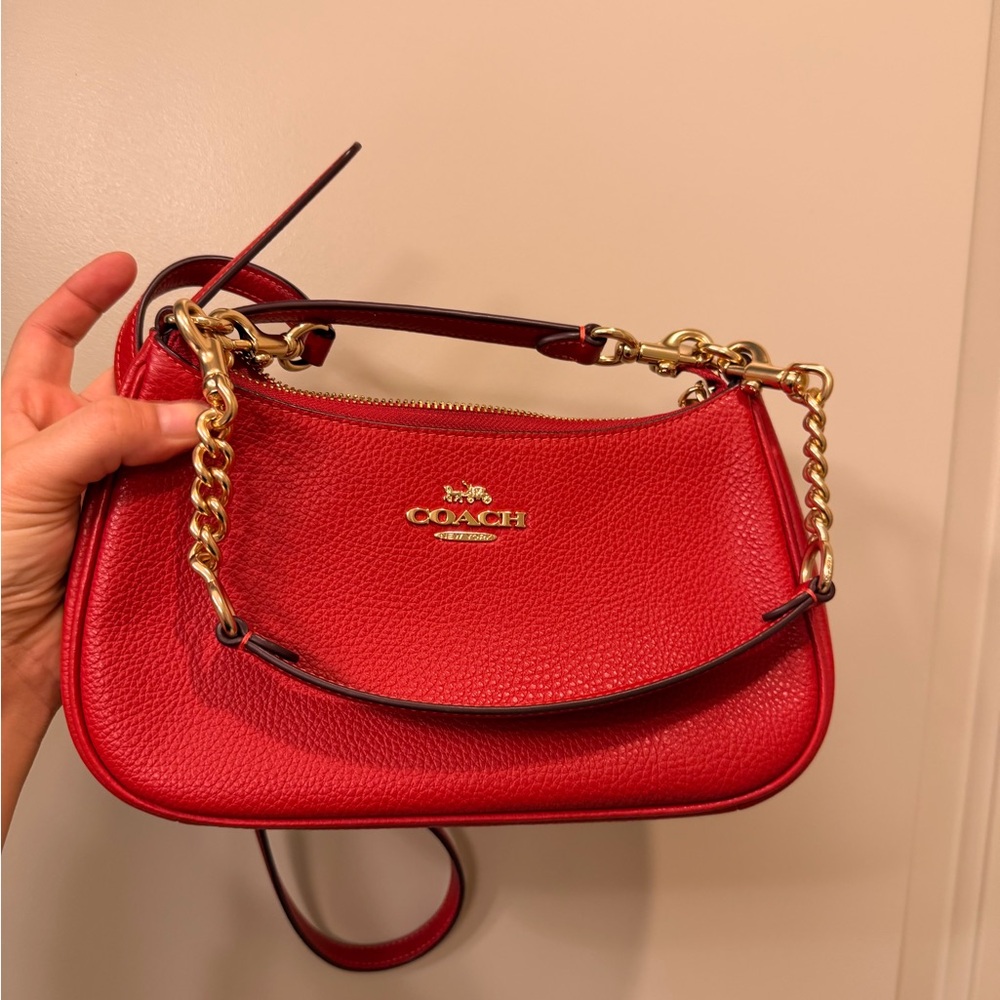 Coach Cherry Red Shoulder Bag with Gold Chain
